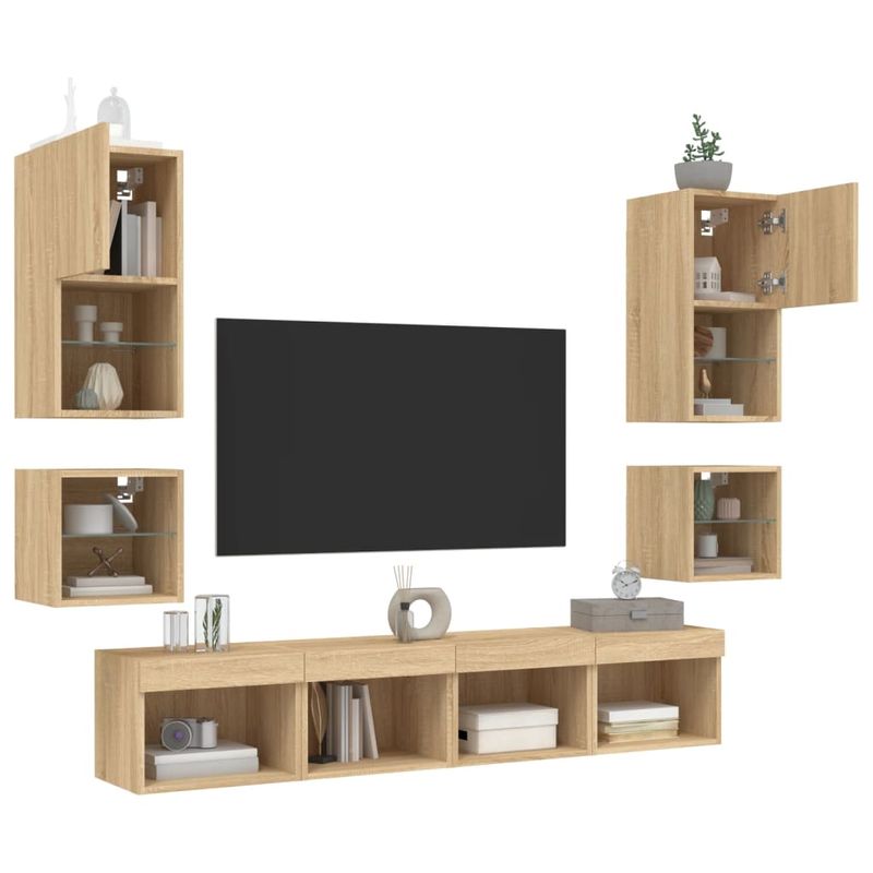 Casa si Gradina - Mobilier - Comode si corpuri - Comode - Unitati de perete TV cu LED-uri, 8 piese, stejar sonoma, lemn - Infinity.ro