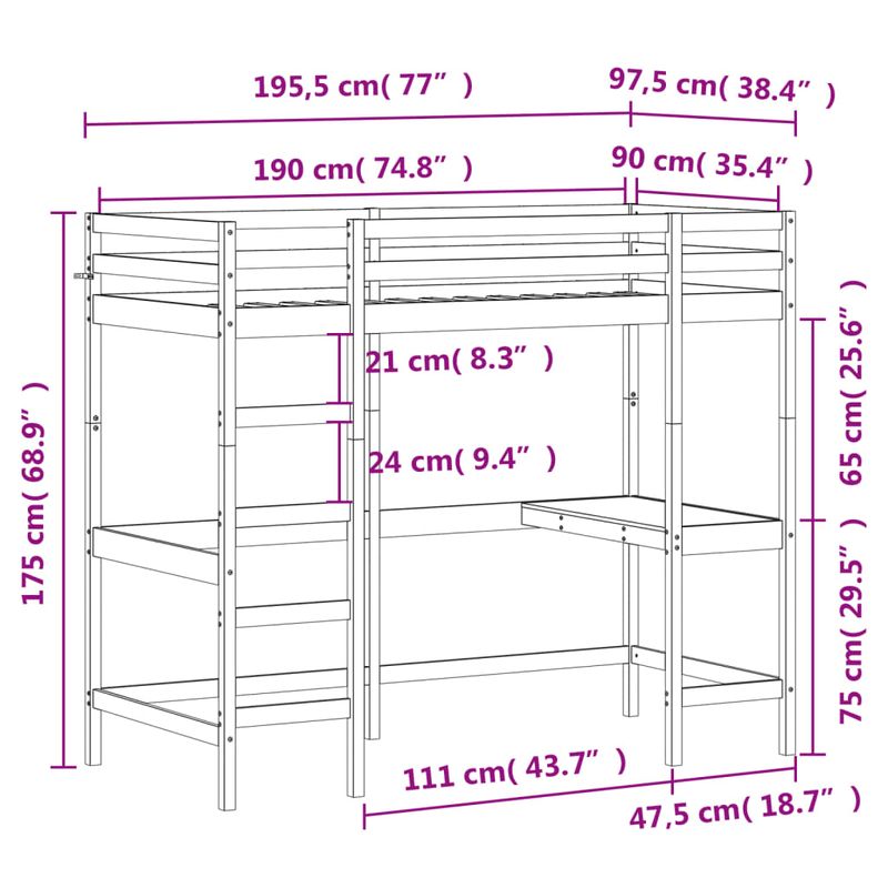 Casa si Gradina - Mobilier - Paturi si accesorii - Paturi - Cadru pat supraetajat cu birou, alb, 90x190 cm, lemn masiv pin - Infinity.ro