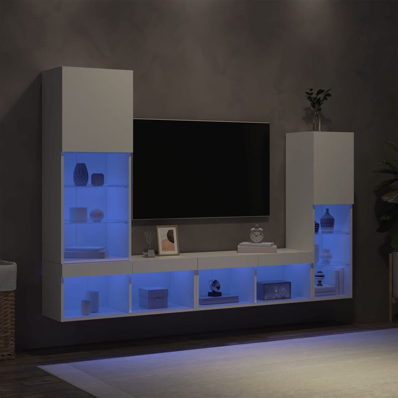Casa si Gradina - Mobilier - Comode si corpuri - Comode - Unitati de perete TV cu LED-uri, 4 piese, alb, lemn prelucrat - Infinity.ro