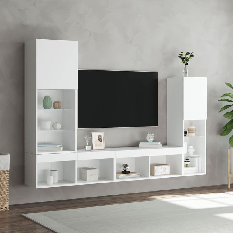 Casa si Gradina - Mobilier - Comode si corpuri - Comode - Unitati de perete TV cu LED-uri, 4 piese, alb, lemn prelucrat - Infinity.ro