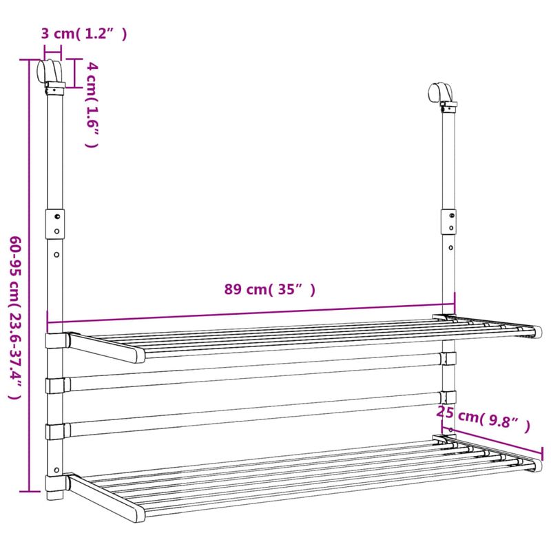 Market - Spalare si intretinere rufe - Uscatoare de rufe si accesorii - Suport de uscare pentru balcon 89x25x(60-95) cm aluminiu - Infinity.ro