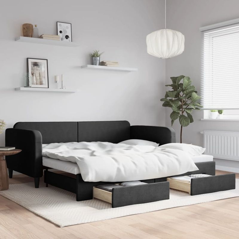 Casa si Gradina - Mobilier - Paturi si accesorii - Paturi - Pat de zi cu extensie si sertare, negru, 100x200 cm, textil - Infinity.ro