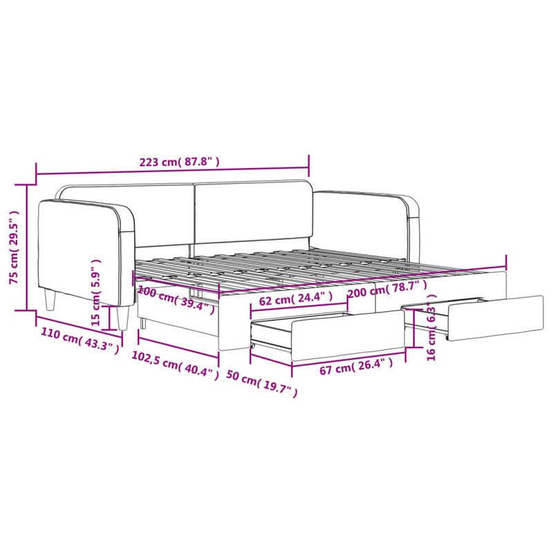 Casa si Gradina - Mobilier - Paturi si accesorii - Paturi - Pat de zi cu extensie si sertare, negru, 100x200 cm, textil - Infinity.ro
