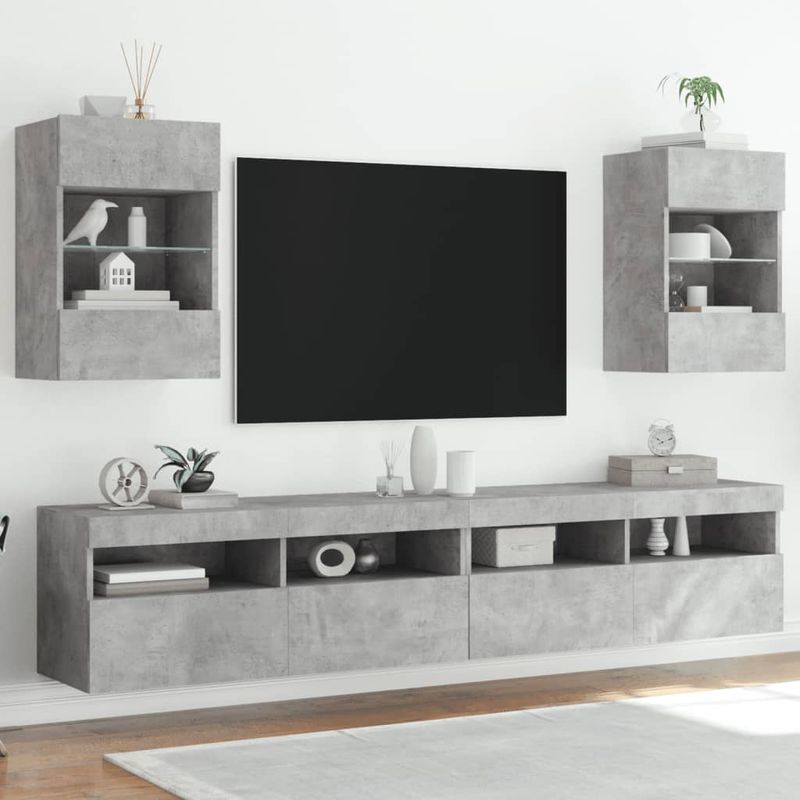 Casa si Gradina - Mobilier - Comode si corpuri - Comode - Comode TV de perete cu lumini LED 2 buc. gri beton 40x30x60,5cm - Infinity.ro