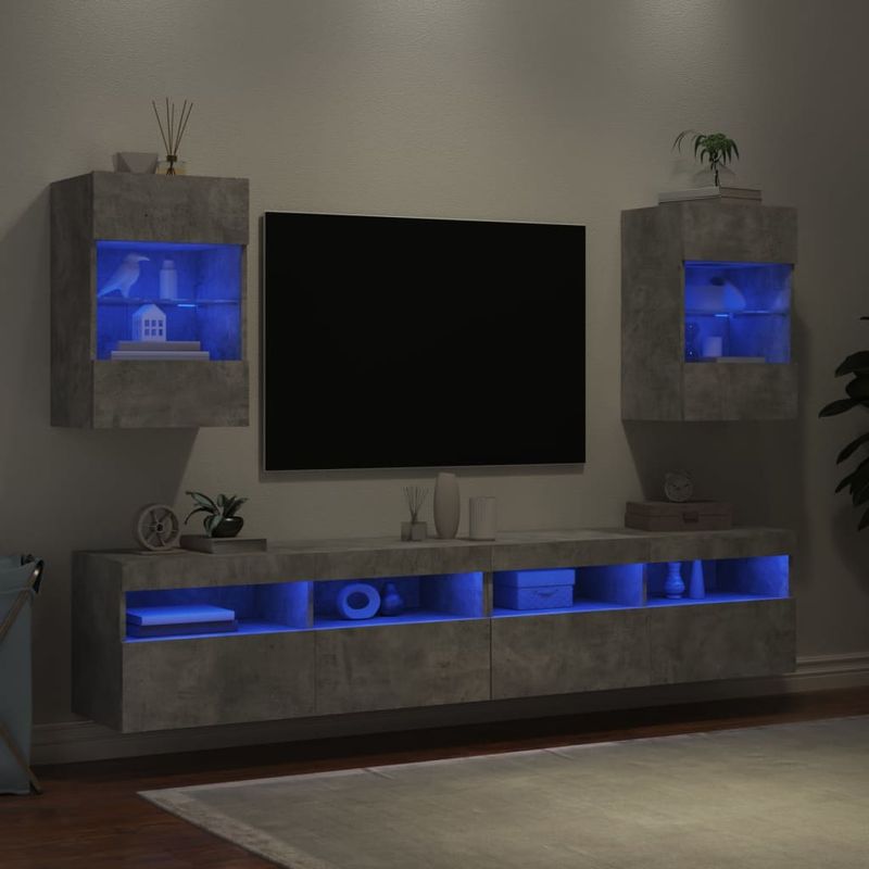 Casa si Gradina - Mobilier - Comode si corpuri - Comode - Comode TV de perete cu lumini LED 2 buc. gri beton 40x30x60,5cm - Infinity.ro