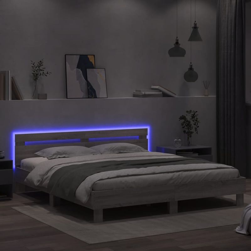 Casa si Gradina - Mobilier - Paturi si accesorii - Paturi - Cadru de pat cu tablie si LED, gri sonoma, 160x200 cm - Infinity.ro