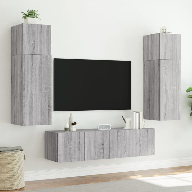 Casa si Gradina - Mobilier - Comode si corpuri - Comode - Comoda TV de perete cu LED, 2 buc, gri sonoma, 80x35x31 cm - Infinity.ro