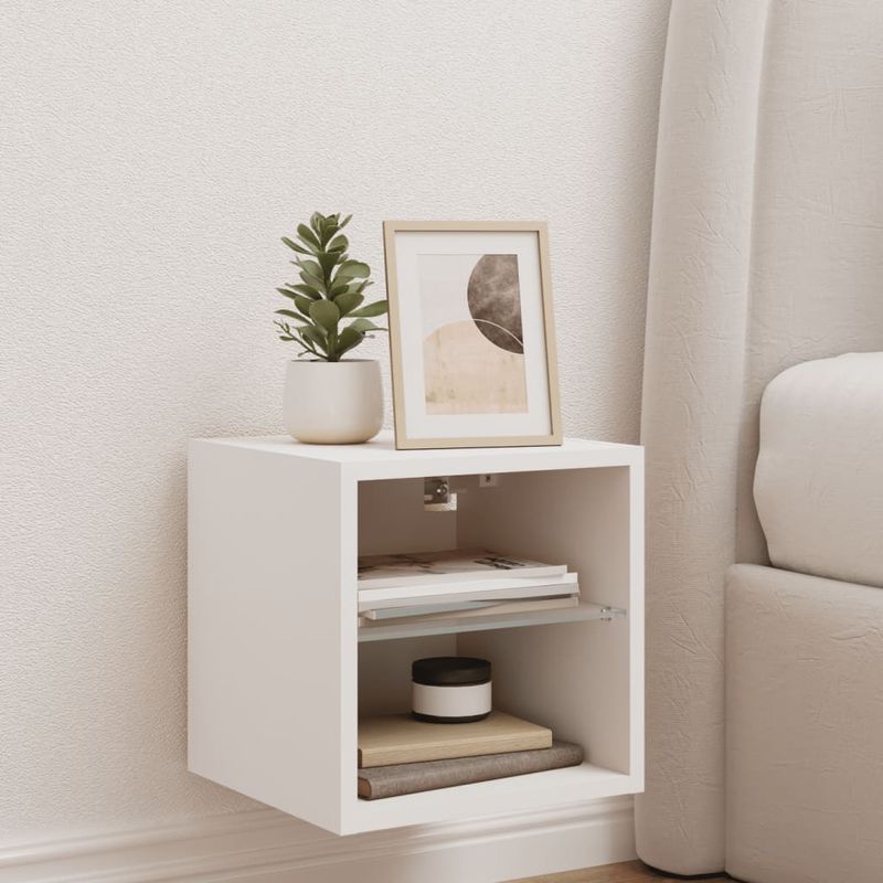 Casa si Gradina - Mobilier - Comode si corpuri - Comode - Comode TV de perete cu lumini LED, alb, 30x28,5x30 cm - Infinity.ro