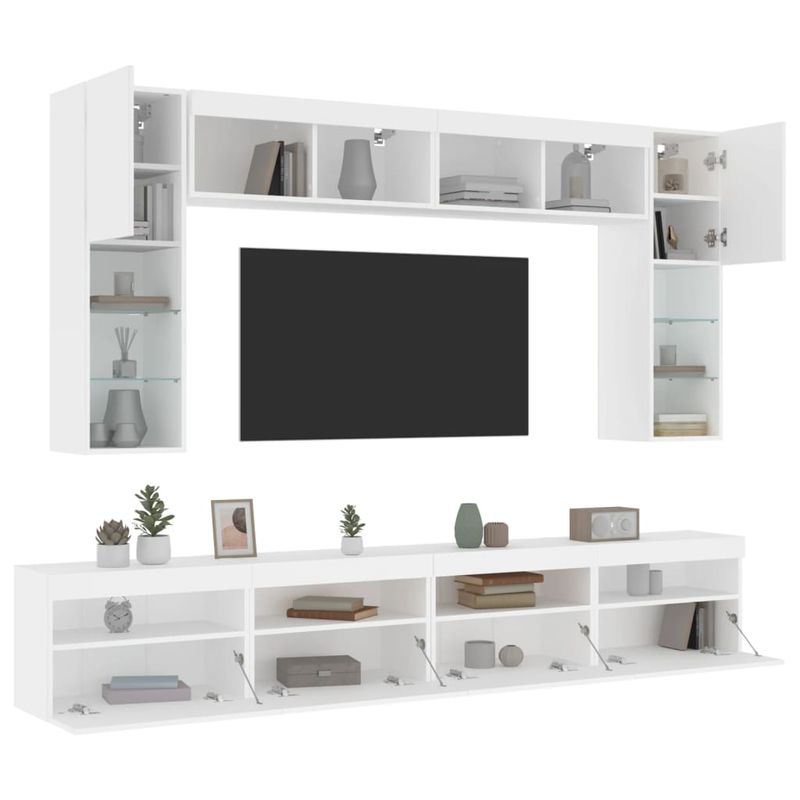 Casa si Gradina - Mobilier - Comode si corpuri - Comode - Set comode TV de perete, 8 piese, cu lumini LED, alb - Infinity.ro