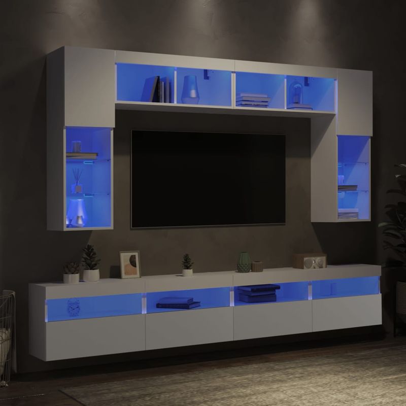 Casa si Gradina - Mobilier - Comode si corpuri - Comode - Set comode TV de perete, 8 piese, cu lumini LED, alb - Infinity.ro