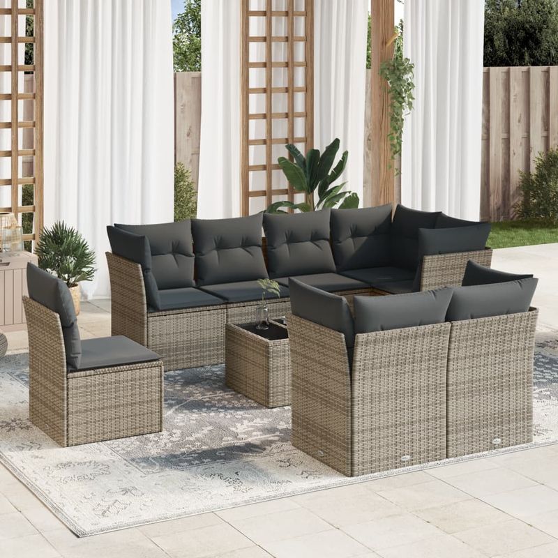 Casa si Gradina - Gradina si terasa - Mobilier exterior - Seturi mobila gradina - Set canapele de gradina, 9 piese, cu perne, gri, poliratan - Infinity.ro