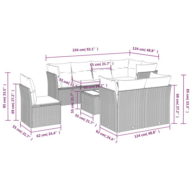 Casa si Gradina - Gradina si terasa - Mobilier exterior - Seturi mobila gradina - Set canapele de gradina, 9 piese, cu perne, gri, poliratan - Infinity.ro