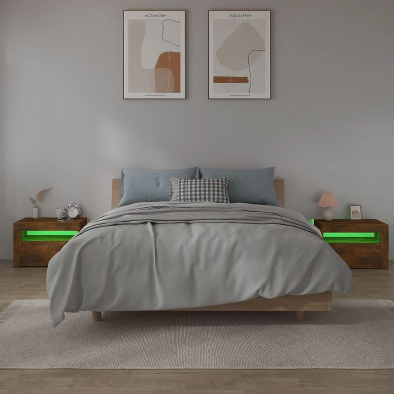 Casa si Gradina - Mobilier - Comode si corpuri - Noptiere - Noptiere cu LED-uri, 2 buc., stejar afumat, 60x35x40 cm - Infinity.ro