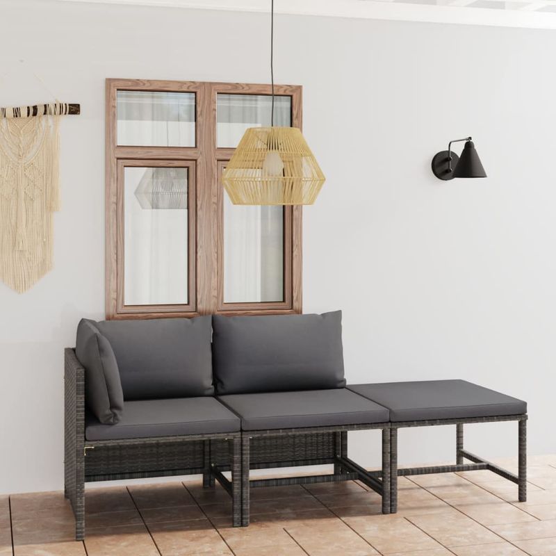 Casa si Gradina - Gradina si terasa - Mobilier exterior - Seturi mobila gradina - Set mobilier de gradina cu perne, 3 piese, gri, poliratan - Infinity.ro