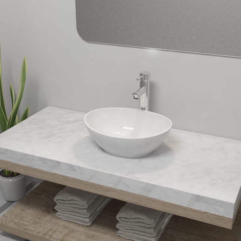 Casa si Gradina - Sanitare - Lavoar baie si accesorii - Lavoare si piedestale - Chiuveta de baie cu robinet mixer, ceramica, oval, alb - Infinity.ro