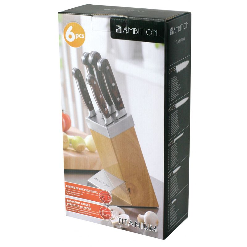 Casa si Gradina - Bucatarie si vesela - Vesela si tacamuri - Cutite si seturi de cutite - Set cutite, 6 piese, bloc lemn maro, AMBITION Titanium - Infinity.ro