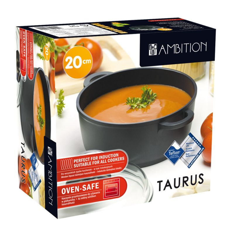 Casa si Gradina - Bucatarie si vesela - Vase pentru gatit - Oale si cratite - Oala cu capac 20 cm, 2.3 L, invelis Teflon Platinum Plus, AMBITION Taurus - Infinity.ro