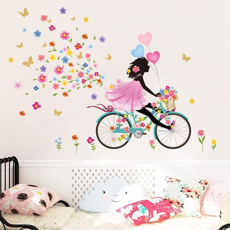 Casa si Gradina - Decoratiuni - Stickere decorative - Sticker decorativ, Fata pe bicicleta cu fluturi, 90 cm, 1141STK-1 - Infinity.ro