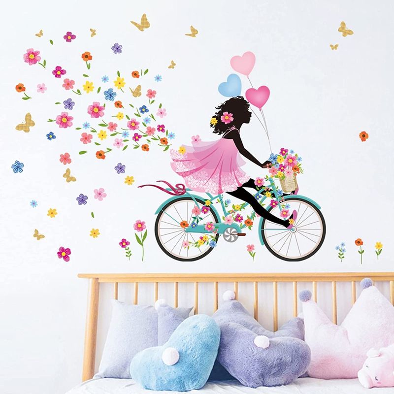 Casa si Gradina - Decoratiuni - Stickere decorative - Sticker decorativ, Fata pe bicicleta cu fluturi, 90 cm, 1141STK-1 - Infinity.ro