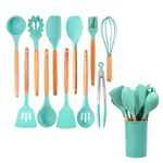 Casa si Gradina - Bucatarie si vesela - Ustensile bucatarie - Polonice, linguri si clesti de bucatarie - Set ustensile bucatarie 12 piese din Silicon cu lemn, Turcoaz, 30 cm, 500COF - Infinity.ro