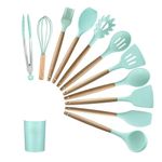 Casa si Gradina - Bucatarie si vesela - Ustensile bucatarie - Polonice, linguri si clesti de bucatarie - Set ustensile bucatarie 12 piese din Silicon cu lemn, Turcoaz, 30 cm, 500COF - Infinity.ro