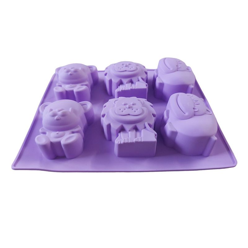 Casa si Gradina/Bucatarie si vesela/Ustensile bucatarie/Forme prajituri - Forma silicon pentru prajituri cu Animale, Urs, Leu, Hipopotam, 6 cavitati, Mov, 24 cm, 490COF - Infinity.ro