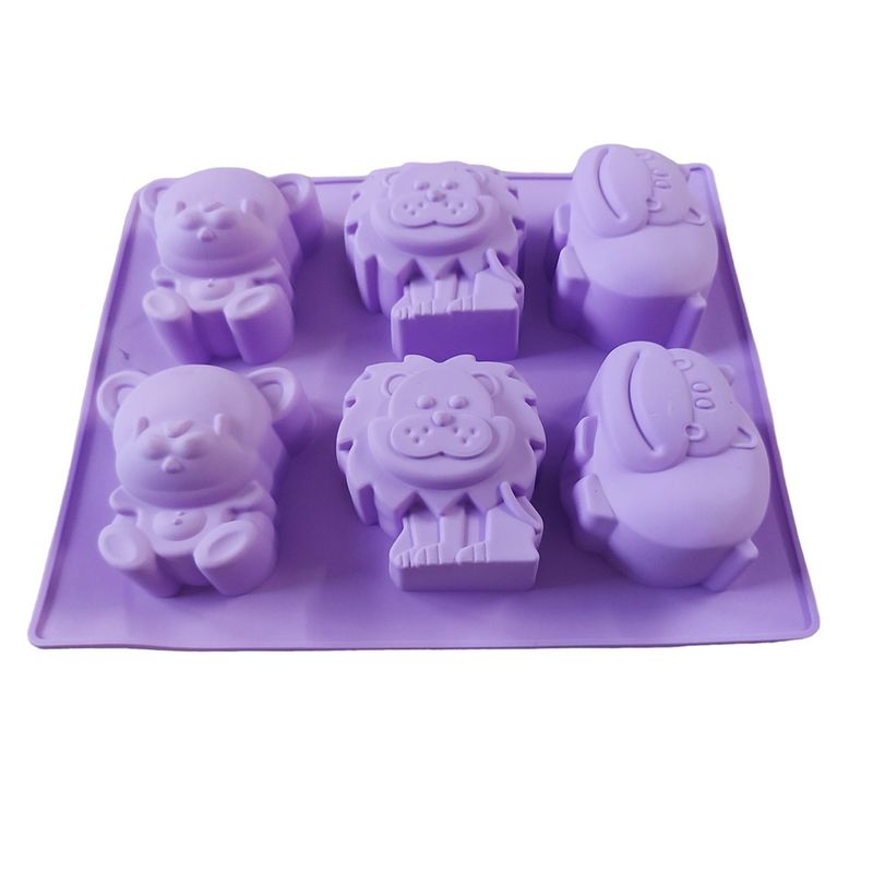 Casa si Gradina/Bucatarie si vesela/Ustensile bucatarie/Forme prajituri - Forma silicon pentru prajituri cu Animale, Urs, Leu, Hipopotam, 6 cavitati, Mov, 24 cm, 490COF - Infinity.ro
