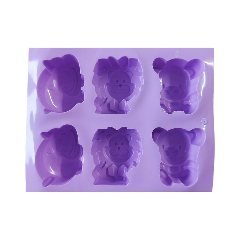 Casa si Gradina/Bucatarie si vesela/Ustensile bucatarie/Forme prajituri - Forma silicon pentru prajituri cu Animale, Urs, Leu, Hipopotam, 6 cavitati, Mov, 24 cm, 490COF - Infinity.ro