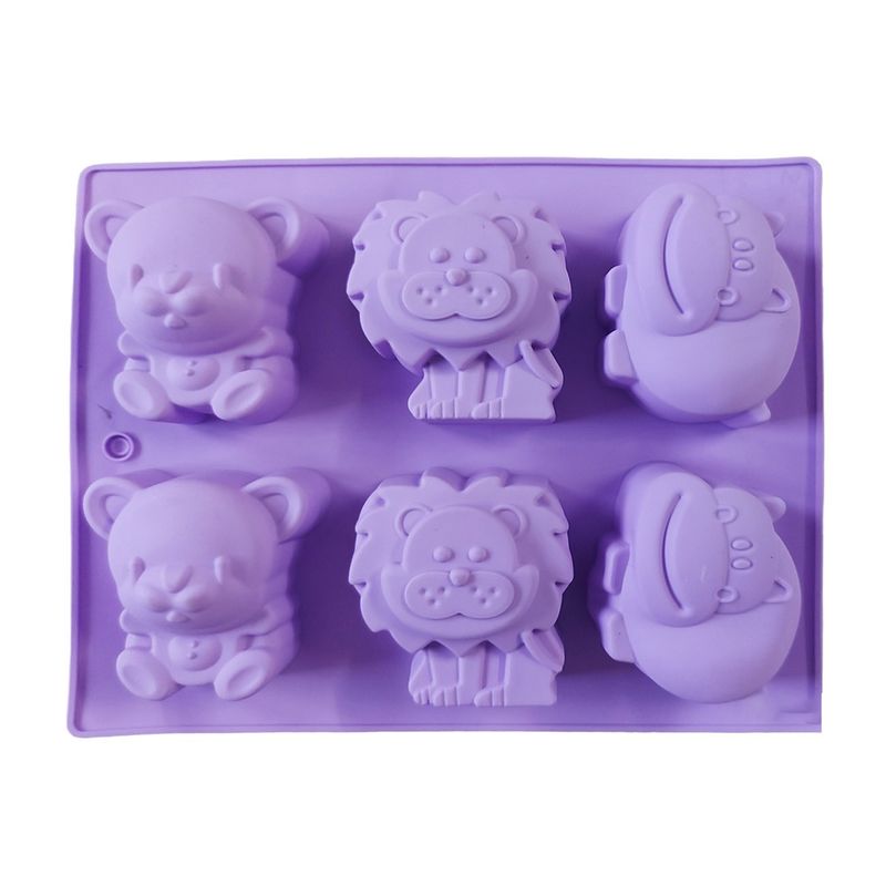 Casa si Gradina/Bucatarie si vesela/Ustensile bucatarie/Forme prajituri - Forma silicon pentru prajituri cu Animale, Urs, Leu, Hipopotam, 6 cavitati, Mov, 24 cm, 490COF - Infinity.ro