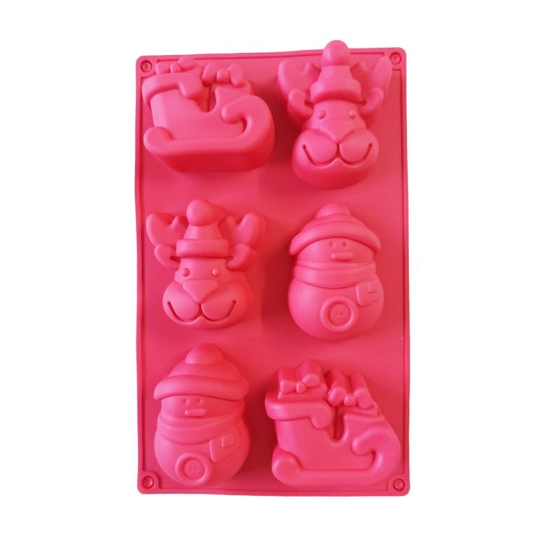 Casa si Gradina/Bucatarie si vesela/Ustensile bucatarie/Forme prajituri - Forma silicon pentru prajituri, Tema Craciun, Trasura, Om de zapada, Ren, 6 cavitati, Rosu, 27 cm, 485COF - Infinity.ro