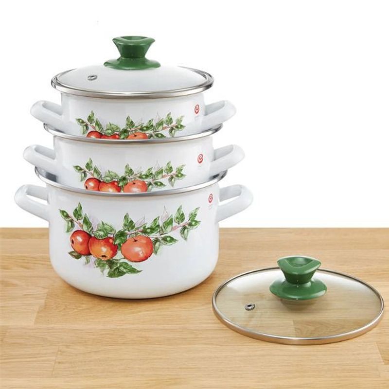 Casa si Gradina - Bucatarie si vesela - Vase pentru gatit - Oale si cratite - Set 3 oale emailate cu capac, 6 piese, model clasic, mere, EMALIA OLKUSZ - Infinity.ro