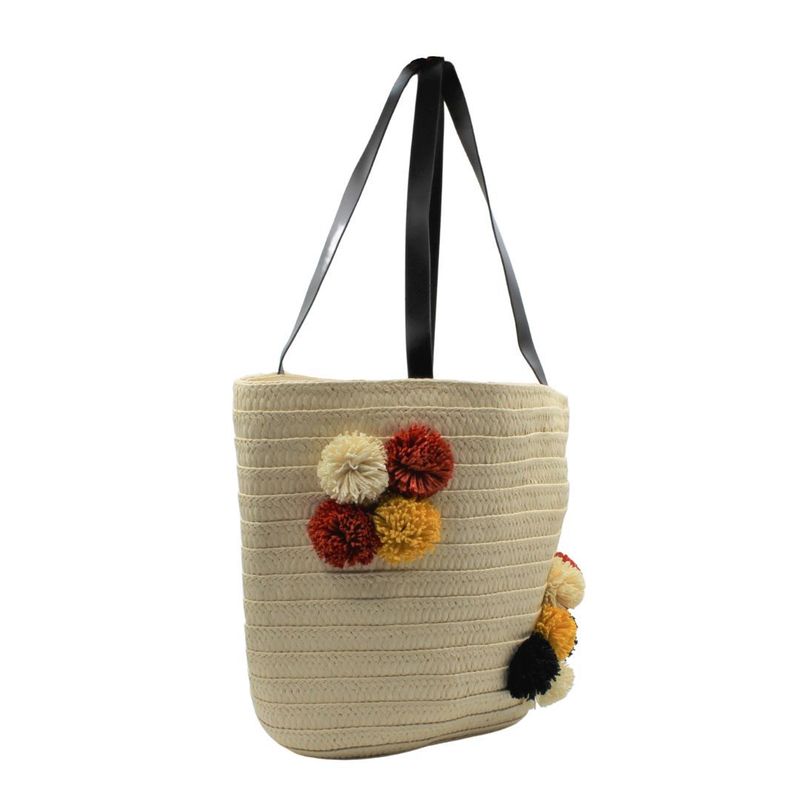 Fashion, accesorii si bijuterii - Femei - Accesorii femei - Genti si rucsacuri femei - Geanta plaja bej cu ciucuri colorati - Infinity.ro