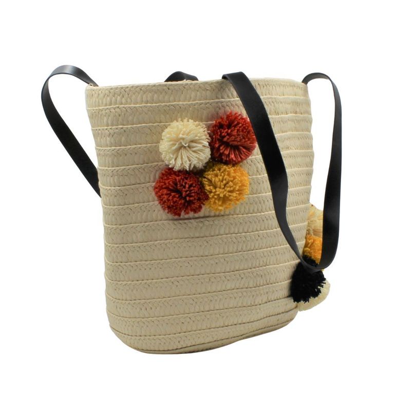 Fashion, accesorii si bijuterii - Femei - Accesorii femei - Genti si rucsacuri femei - Geanta plaja bej cu ciucuri colorati - Infinity.ro