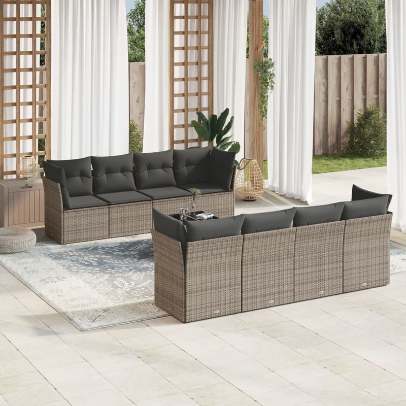 Casa si Gradina - Gradina si terasa - Mobilier exterior - Seturi mobila gradina - Set canapele de gradina, 9 piese, cu perne, gri, poliratan - Infinity.ro