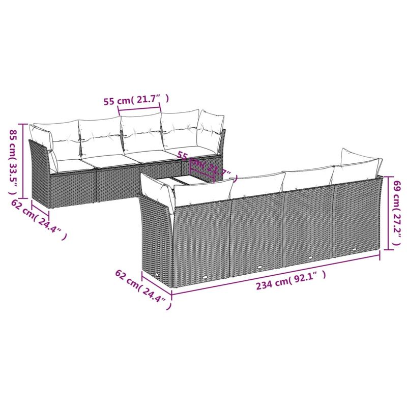 Casa si Gradina - Gradina si terasa - Mobilier exterior - Seturi mobila gradina - Set canapele de gradina, 9 piese, cu perne, gri, poliratan - Infinity.ro