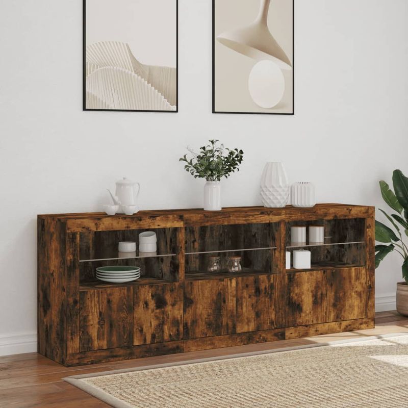 Casa si Gradina - Mobilier - Comode si corpuri - Comode - Servanta cu lumini LED, stejar fumuriu, 181,5x37x67 cm - Infinity.ro