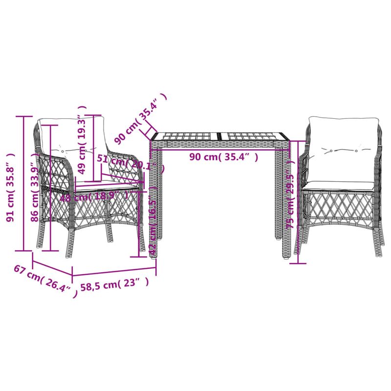 Casa si Gradina - Gradina si terasa - Mobilier exterior - Seturi mobila gradina - Set bistro cu perne, 3 piese, negru, poliratan - Infinity.ro