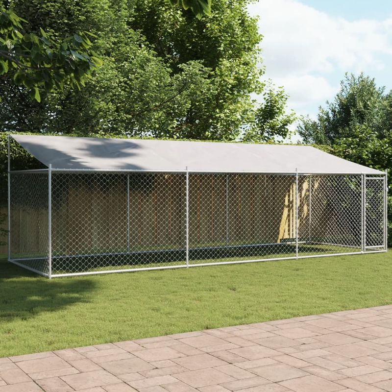 Petshop - Accesorii petshop - Culcusuri si custi - Custi interior si exterior - Cusca caini cu acoperis și usi, 6x2x2 m, otel galvanizat, model 1 ușă - Infinity.ro