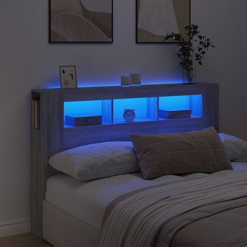 Casa si Gradina - Mobilier - Paturi si accesorii - Accesorii paturi - Tablie de pat cu LED, gri sonoma, 160x18,5x103,5 cm, lemn, mărime 160x103.5 cm - Infinity.ro