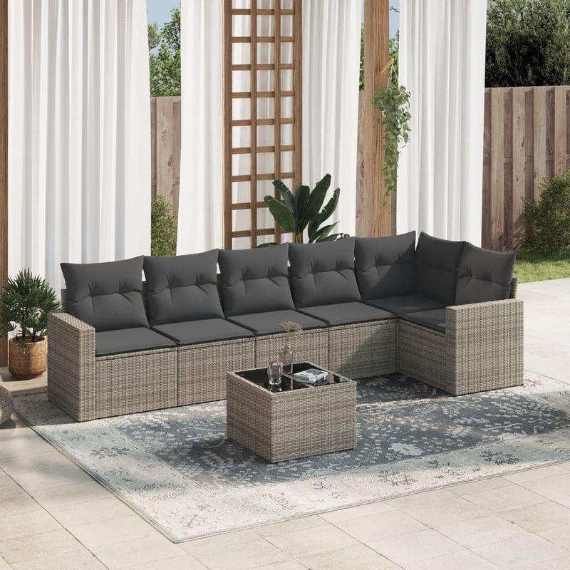 Casa si Gradina - Gradina si terasa - Mobilier exterior - Canapele si fotolii gradina - Set canapele de gradina, 7 piese, cu perne, gri, poliratan - Infinity.ro