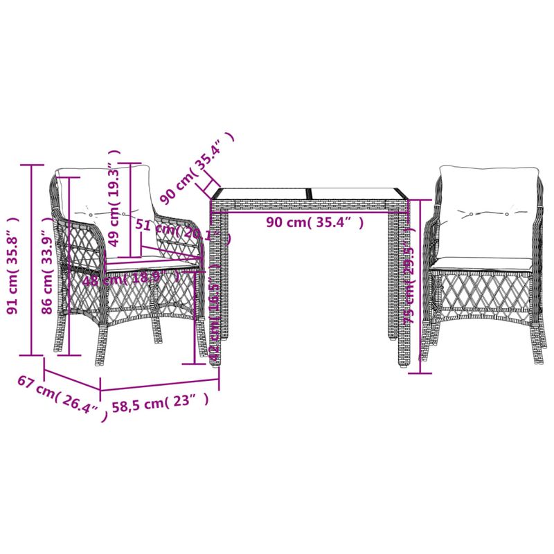 Casa si Gradina - Gradina si terasa - Mobilier exterior - Seturi mobila gradina - Set bistro cu perne, 3 piese, negru, poliratan - Infinity.ro