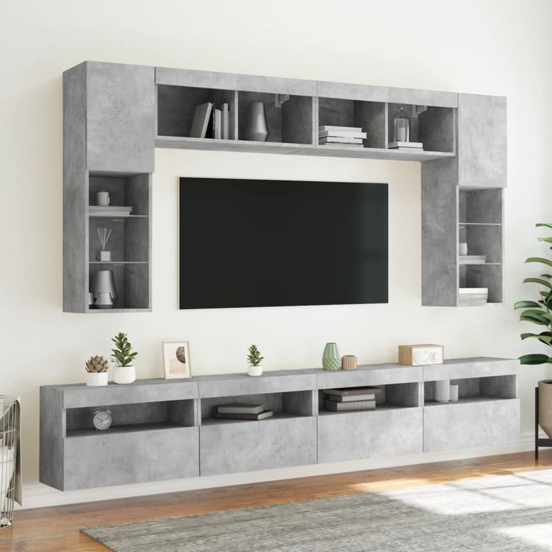 Casa si Gradina - Mobilier - Comode si corpuri - Comode - Set comode TV de perete cu lumini LED, 8 piese, gri beton - Infinity.ro