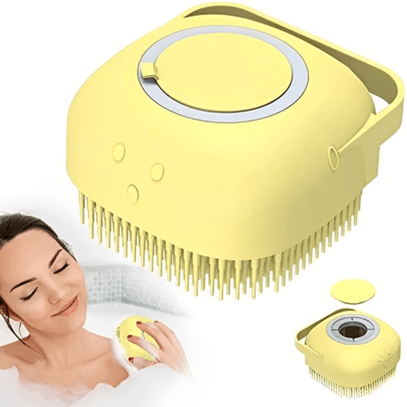 Ingrijire personala si Cosmetice - Ingrijire personala - Ingrijire corp - Bureti de baie - Burete din silicon moale pentru curatarea corpului, cu rezervor de sampon, gel de dus, 8,5 x 8 x 5,5 cm culoare galben - Infinity.ro