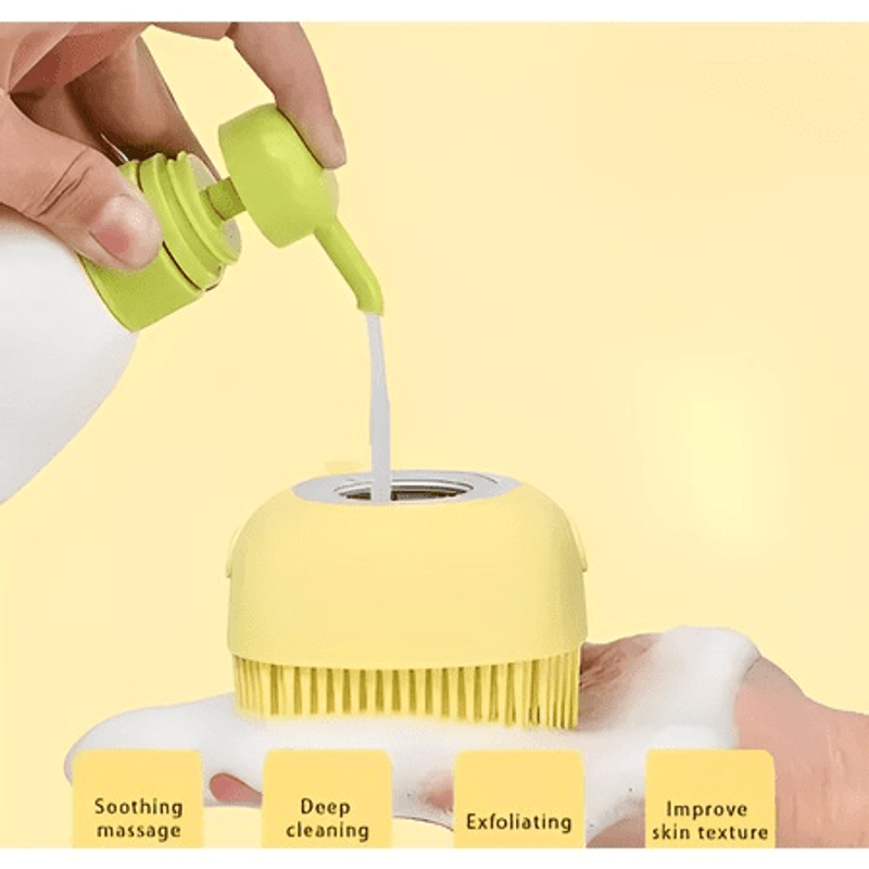 Ingrijire personala si Cosmetice - Ingrijire personala - Ingrijire corp - Bureti de baie - Burete din silicon moale pentru curatarea corpului, cu rezervor de sampon, gel de dus, 8,5 x 8 x 5,5 cm culoare galben - Infinity.ro