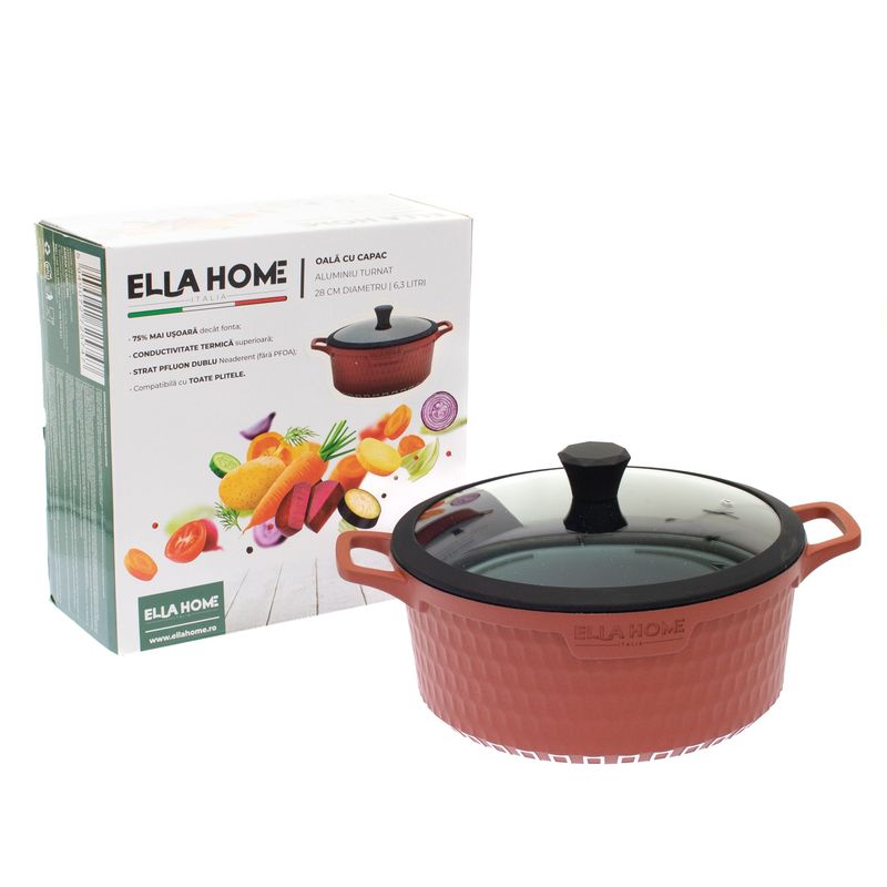 Casa si Gradina - Bucatarie si vesela - Vase pentru gatit - Oale si cratite - Oala din aluminiu turnat cu capac, Ella Home, visinie, 6.3L, 28 cm - Infinity.ro