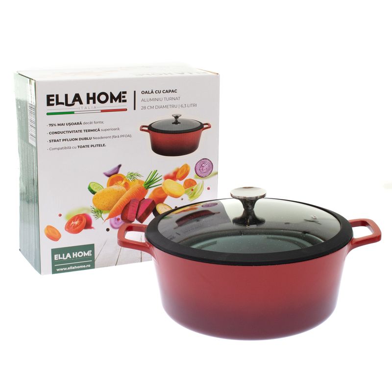 Casa si Gradina - Bucatarie si vesela - Vase pentru gatit - Oale si cratite - Oala universala din aluminiu turnat cu capac, visinie, 6.3L, 28 cm - Infinity.ro