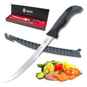 Cutit filetat carne si peste lama 24 cm curbata din otel german  cu teaca, ascutitor si cutie