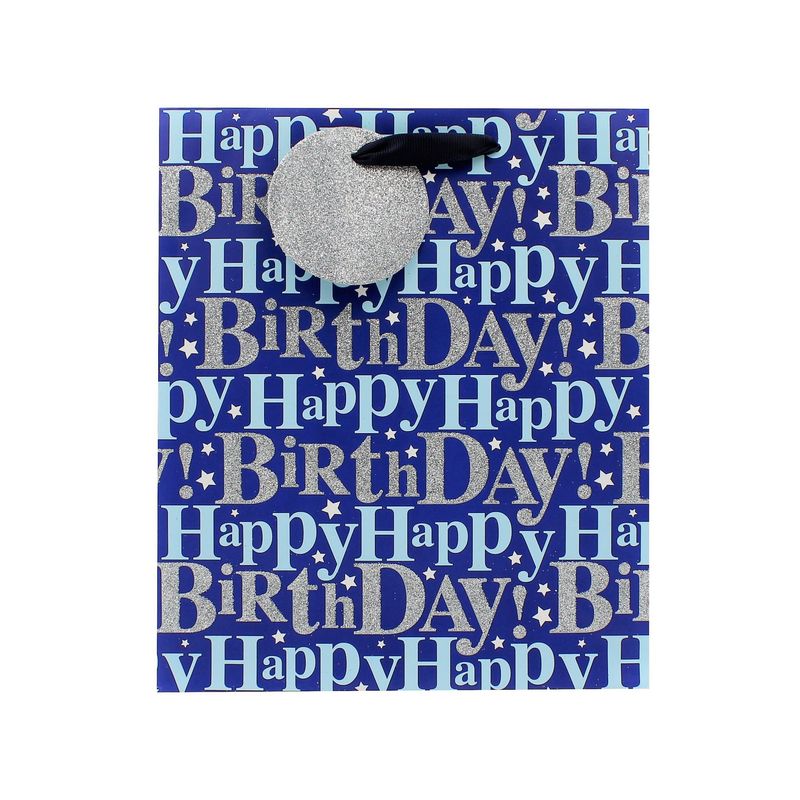 Market - Cadouri - Pungi cadou si accesorii - Punga hartie M Blue Bday Glitter - Infinity.ro