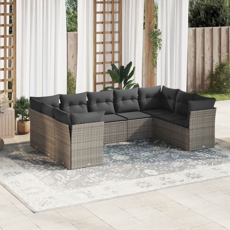 Casa si Gradina - Gradina si terasa - Mobilier exterior - Seturi mobila gradina - Set canapele de gradina, 9 piese, cu perne, gri, poliratan - Infinity.ro
