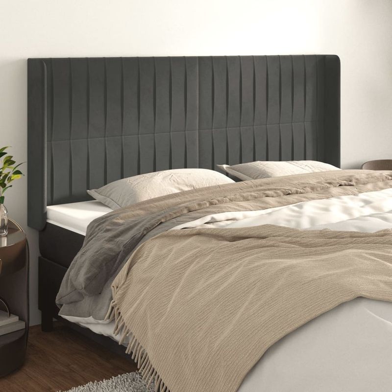 Casa si Gradina - Mobilier - Paturi si accesorii - Accesorii paturi - Tablie de pat cu aripioare gri inchis 163x16x118/128 cm catifea - Infinity.ro